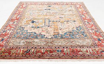 A signed semi-antique pictoral part silk Qum carpet, c. 341 x 224 cm.