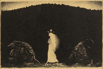 John Bauer, litografi, ur sviten "Troll", 1915. Signerad B i trycket.