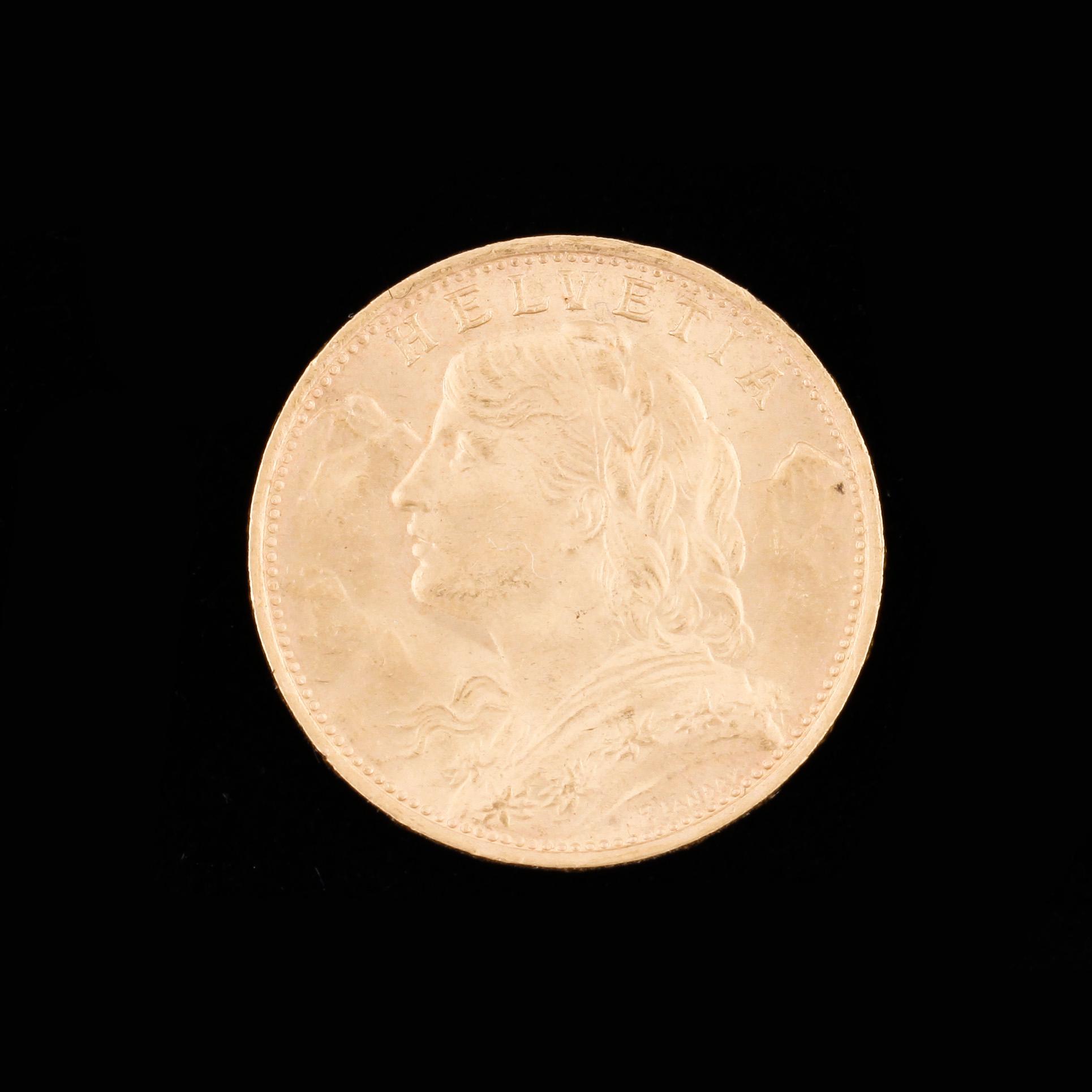 GULDMYNT, 900, Helvetia, 20 fr, 1922. Vikt ca 6 g.