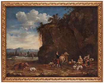 Jan Willemsz. Lapp, hans efterföljd, Arkaiskt landskap med rastande figurer och boskap.