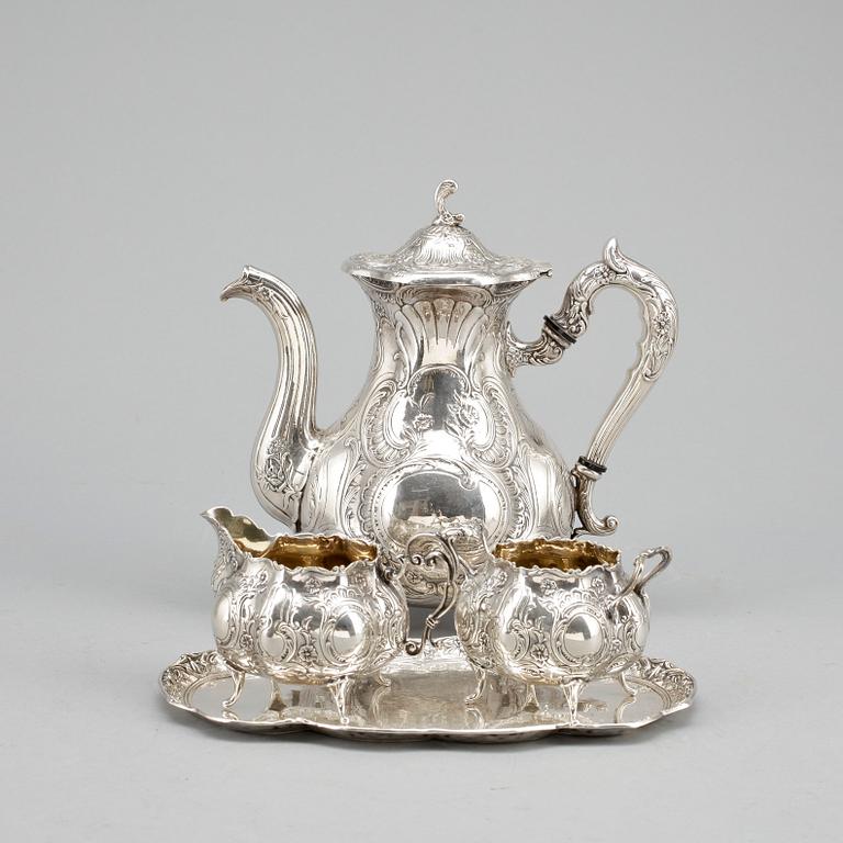 KAFFESERVIS, 4 delar, silver, rokokostil, Gewe Silvervarufabriken, Malmö 1960. Total vikt ca 1335 gram.