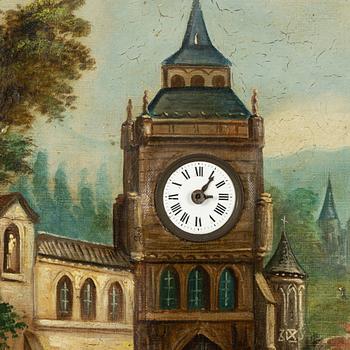 An oil painting with clockwork from around year 1900.
