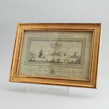 A gustavian frame with enfraving vy Fredrik Akrel after a drawing by Jean Jacques von Biland, 18th Century.