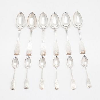 Bestickuppsättning, 24 delar, silver, "Musslan", finska stämplar, Åbo, Tavastehus, Helsingfors 1925-1953.