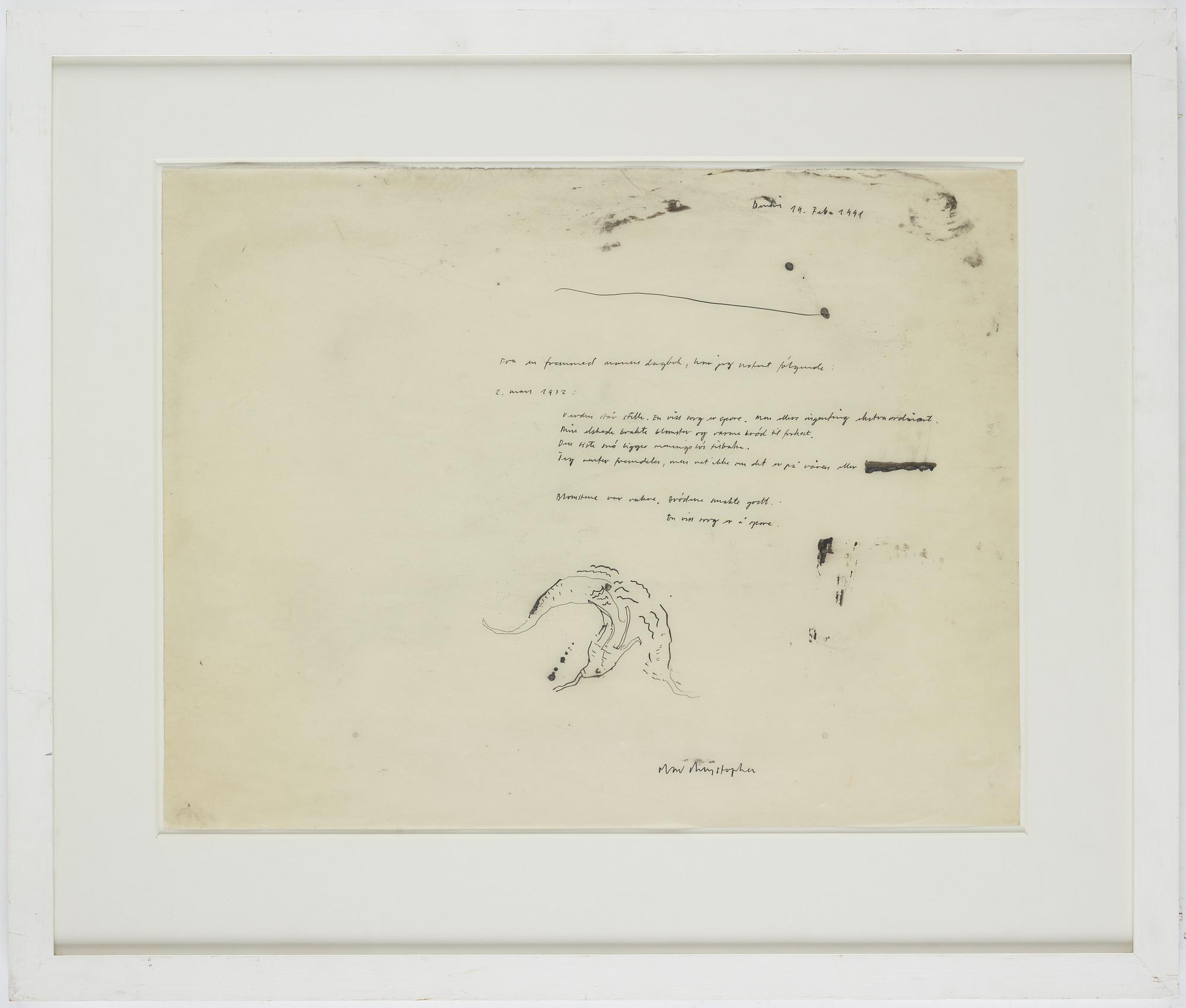 Olav Christopher Jenssen, indian ink on film, signed, dated 14 februari 1991.