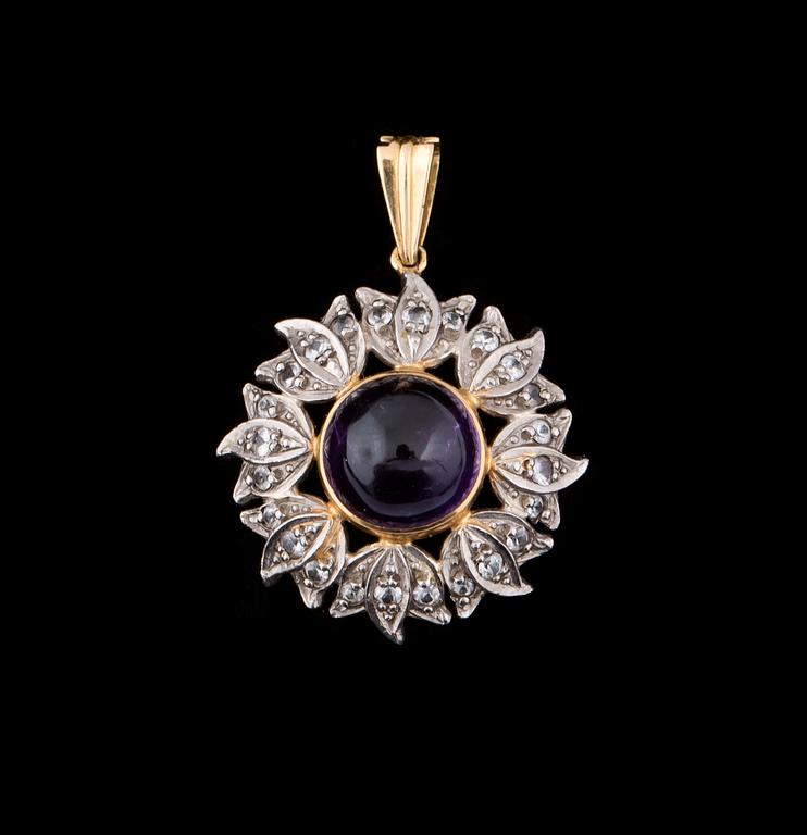 HÄNGE, 18 k guld samt vitguld med ametist samt rosenstenar, Heribert Engelbert, Stockholm, 1950. Vikt ca 5 g.