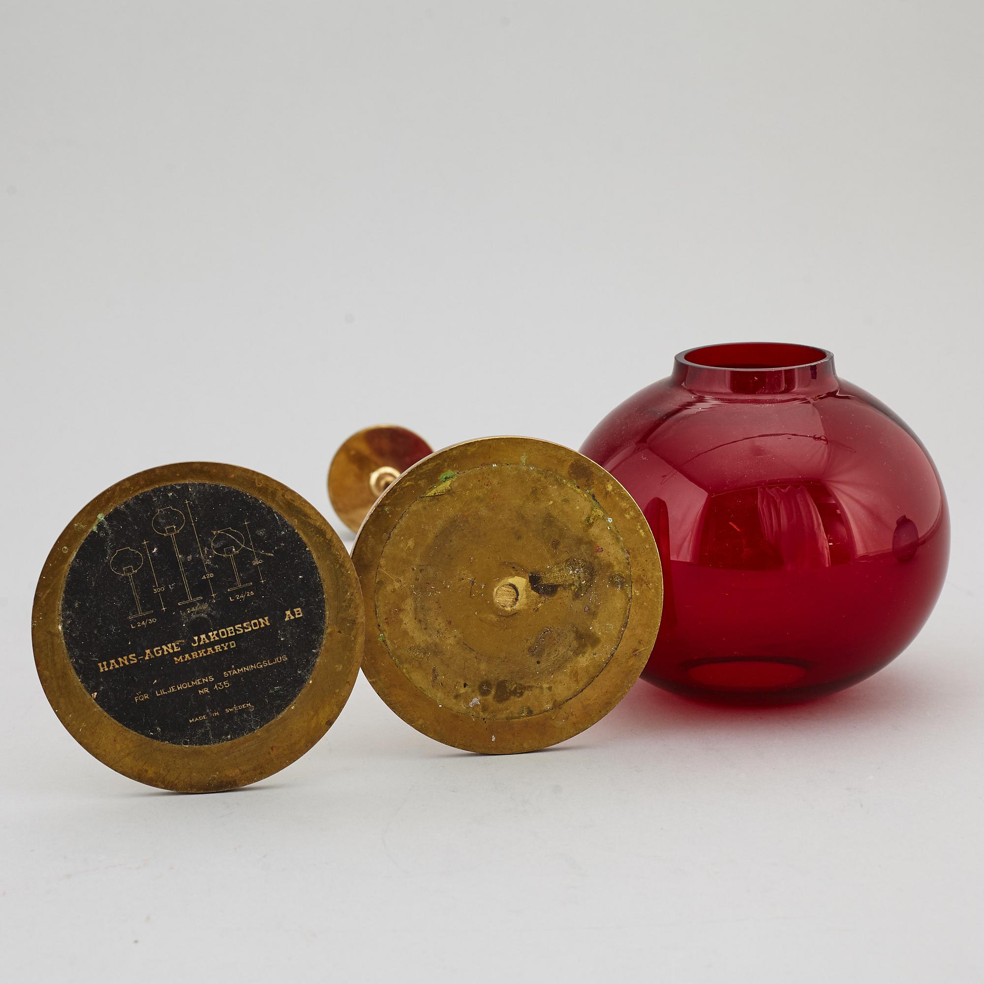 HANS-AGNE JAKOBSSON, two glass and brass candle holders, for Markaryd.