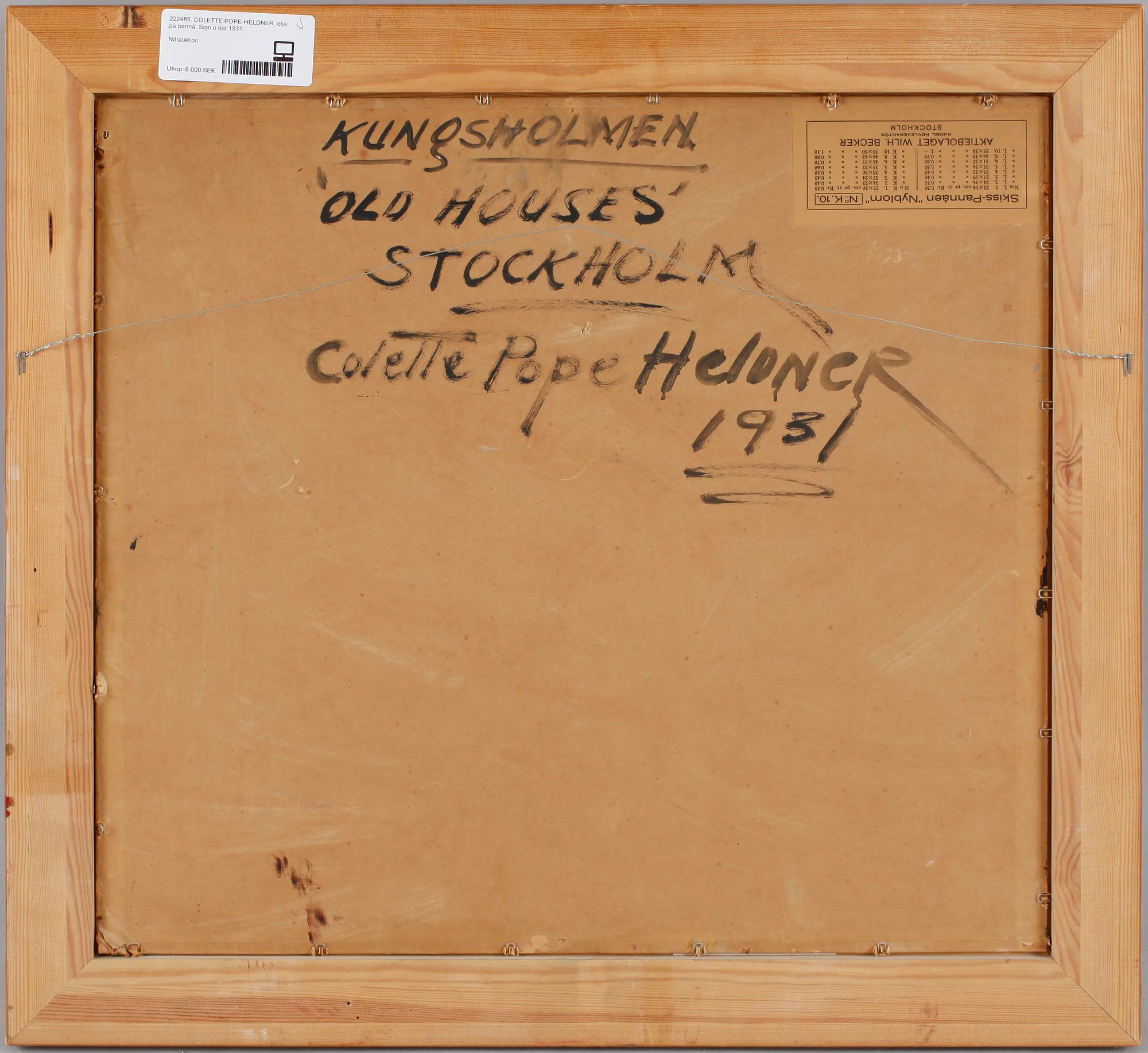 COLETTE POPE-HELDNER, olja på pannå. Sign o dat 1931.