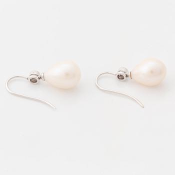 Cultured pearl and brilliant cut diamond earrings.