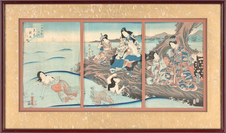 OKÄND KONSTNÄR, träsnitt, triptyk. Japan, 1800-tal.