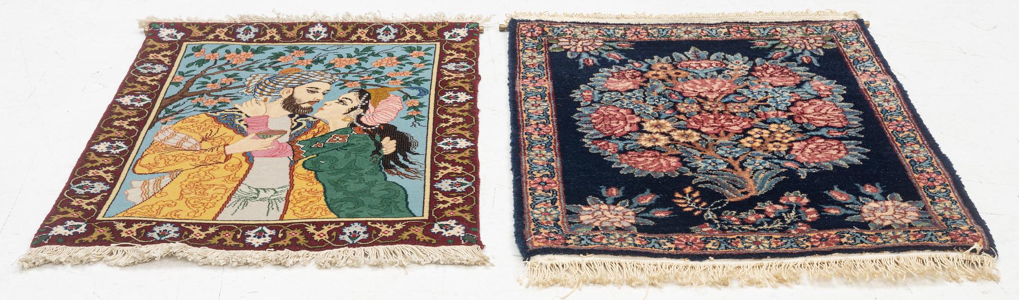 Two rugs, a figural Tabriz, c. 62 x 47 cm, & a Kerman, c. 64 x 51 cm.