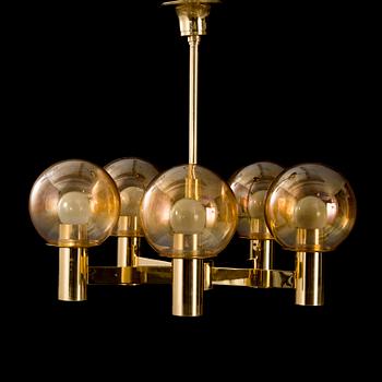 A brass ceiling light with five glass shades, latter half of the 20th century.