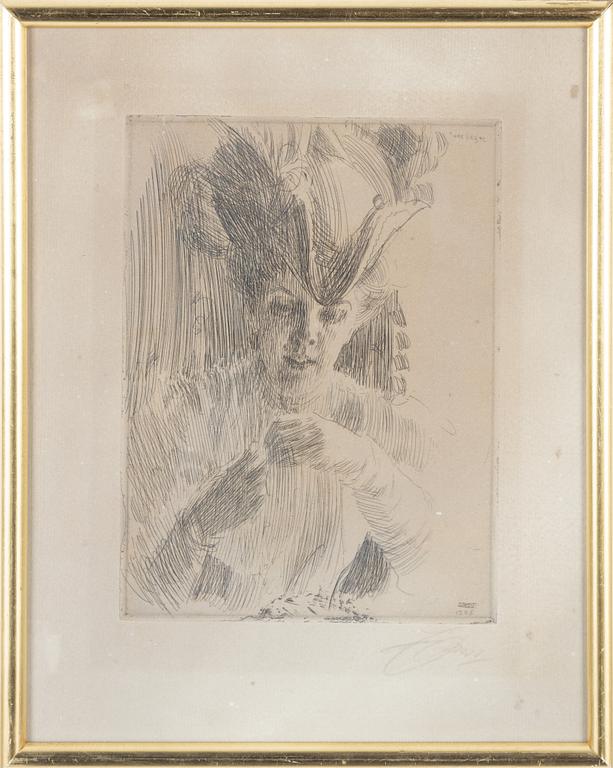 Anders Zorn, etsning, 1906, signerad med blyerts.