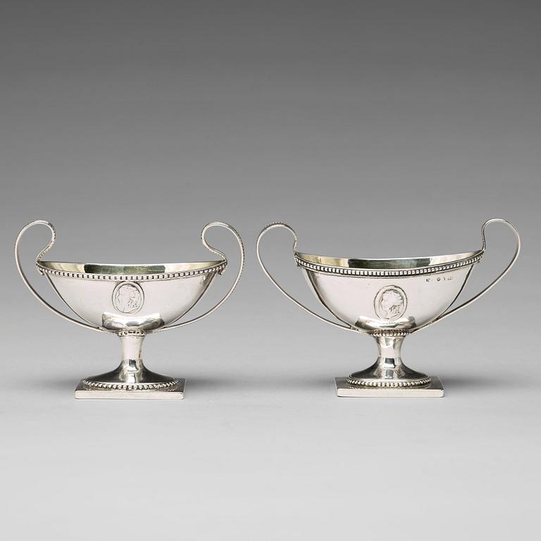 A matched pair of 18th century parcel-gilt silver salt-cellars, mark of Johan Fredrik Weise, Stockholm 1792.