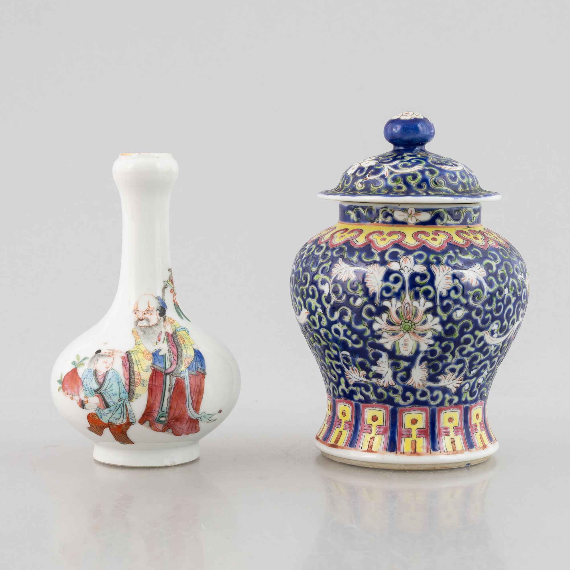 A famille rose vase, Qing dynasty, 19th century, also a jar with cover 20th century.