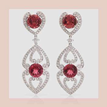 1414. EARRINGS, a pair of pink tourmaline, circa 11.40 cts and round diamonds circa 1.66 cts.