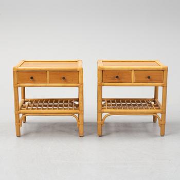 A pair of teak, bamboo and rattan bedside tables, late 20th Century.