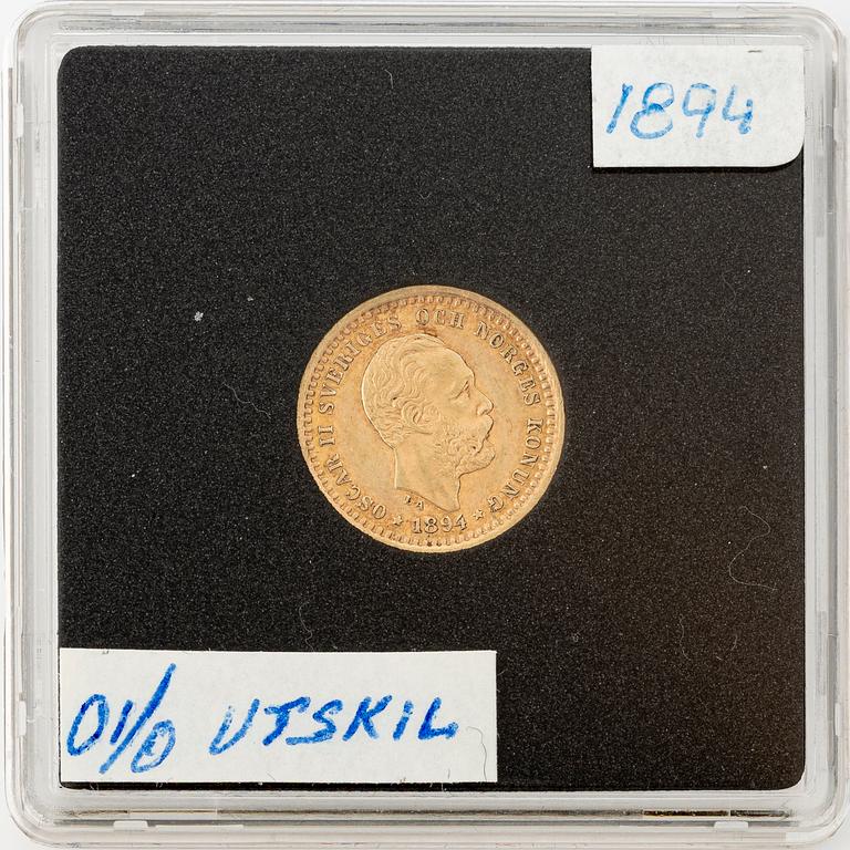 Guldmynt, Oscar II, 5 kronor, typ I, Sverige 1894.
