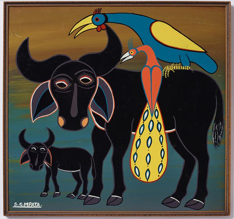 Seymond George Mpata, bicycle paint on masonite, Tingatinga- painting, signed.