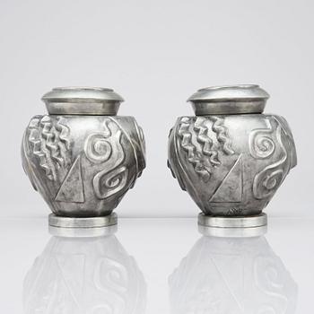 Anna Petrus, a pair of lidded pewter 'Profilvasen' jars, Svenskt Tenn, Stockholm 1980.