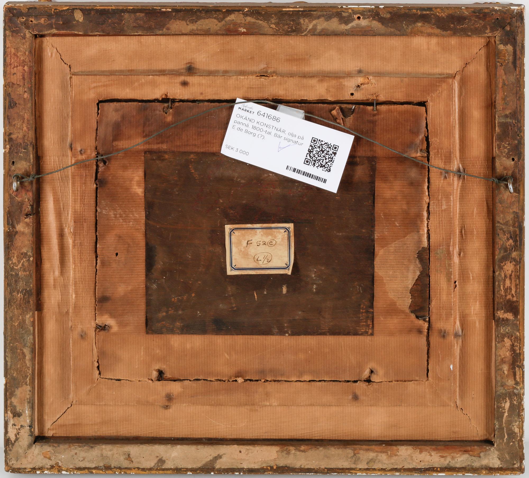 OKÄND KONSTNÄR, olja på pannå. 1800-tal. Bär signatur E de Borg (?).