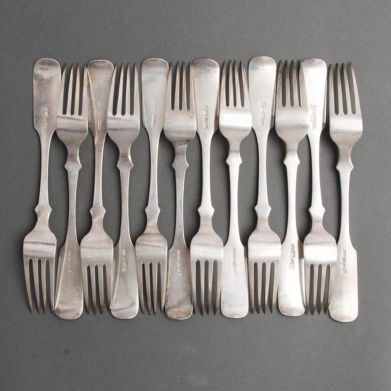 A set of twelve silver dinner forks from Dorpat, mark of Christian Nagel, 1858/1863, and C. Jürgens, 1856/1857.