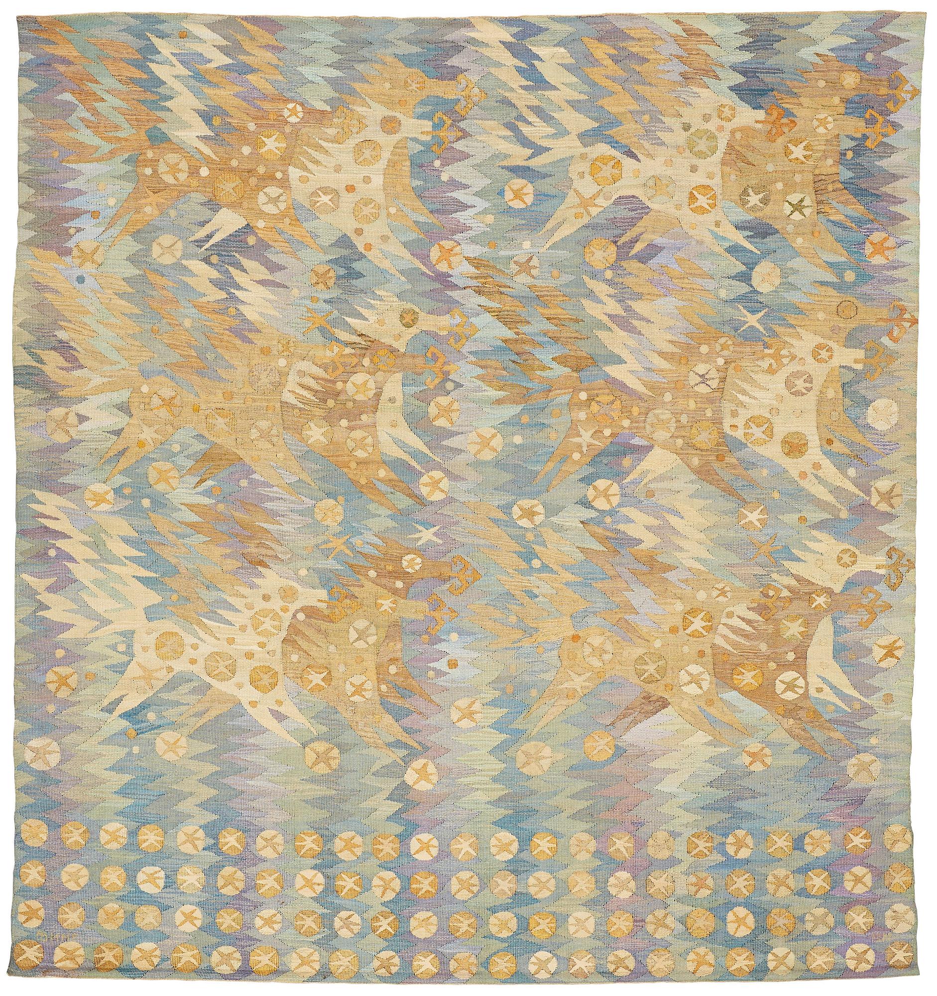 Barbro Nilsson, A TAPESTRY, "Guldhästen", a tapestry variant, ca 242,5 x 228 cm, signed AB MMF BN.