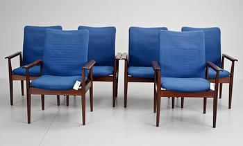 KARMSTOLAR, 6 st, "Diplomat", Finn Juhl, France & Søn, Danmark, 1960/70-tal.