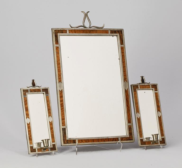 SPEGEL samt LAMPETTER, ett par, tenn och flambjörk, art deco, 1930-tal.