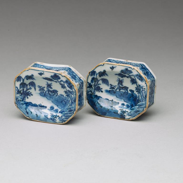 A pair of blue and white salts, Qing dynasty, Qianlong (1736-95).