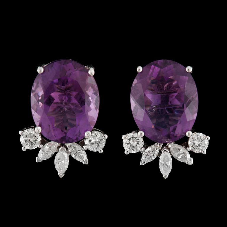 A pair of amethyst and diamond, circa 0.60 ct, earrings.