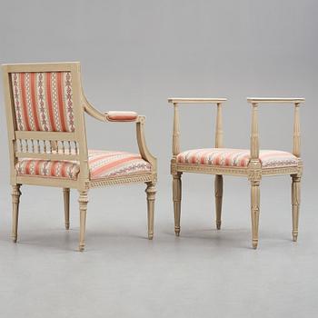 KARMSTOL, av Johan Lindgren (mästare i Stockholm 1770-1800) samt BANKETT, Sengustavianskt Stockholmsarbete ca år 1790.