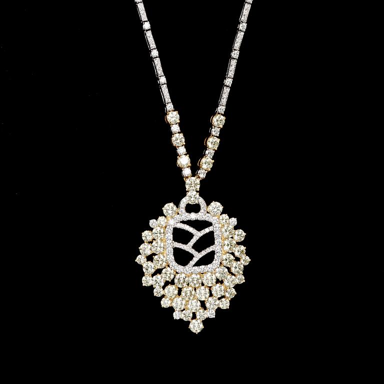A yellow and white brilliant cut diamond necklace, tot. app. 15 cts.