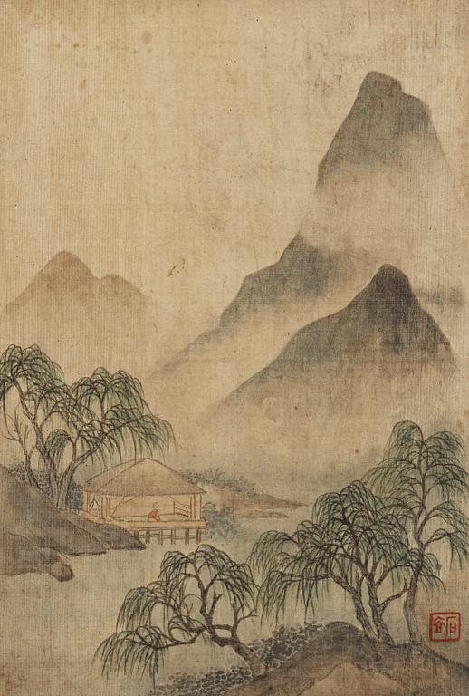 ALBUM, med 12 landskapsmålningar i Wang Huis (1632-1717) stil, Qingdynastin, 1800-tal.