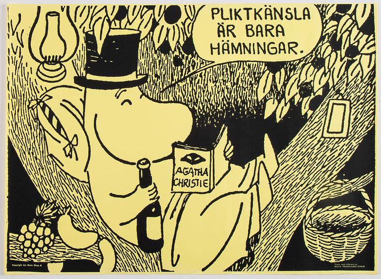 Tove Jansson, six Moomin posters from Bull's Presstjänst, Art Work Shop, 1960's.