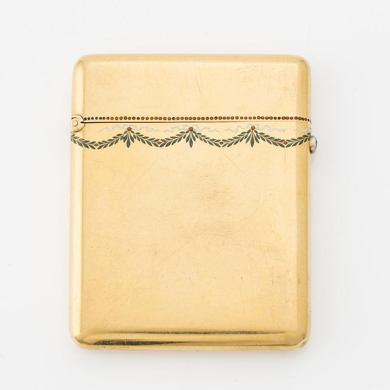 Visitkortsetui, 18K guld med emalj och smaragd, W.A. Bolin, Stockholm 1919.