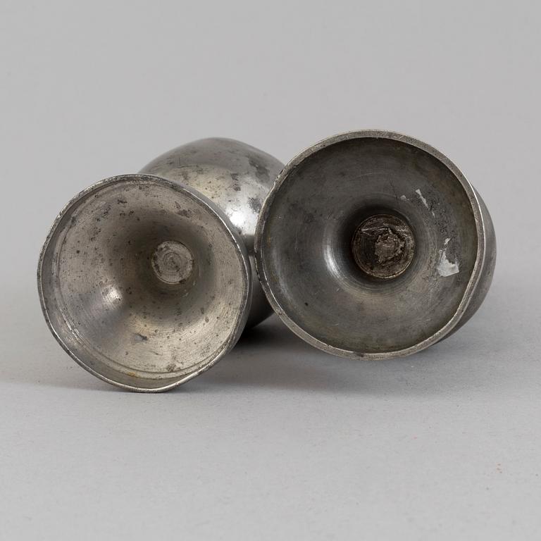 TWO 18TH CENTURY PEWTER SHAKERS.