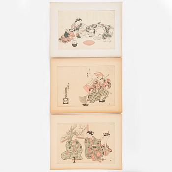 Three OKOMURA MASANOBU (1686-1764) colour woodblock prints, Japan, 19th century.