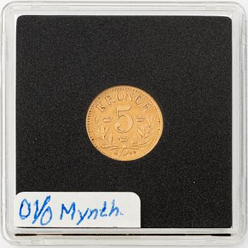 Gold coin, Oscar II, 5 kronor, type I, Sweden 1881.