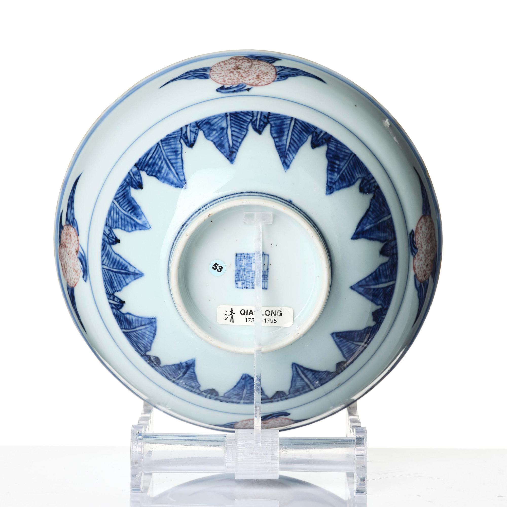 A blue and white and copper-red 'peaches' bowl, Qing dynasty.