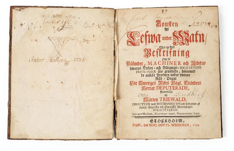 MÅRTEN TRIEWALD (1691-1747), Konsten at Lefwa under Watn, Stockholm 1734 with adition from 1741.