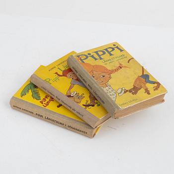 Böcker, 3 st, Astrid Lindgren, Pippi Långstrump, Först upplagor, Rabén & Sjögren, Stockholm, 1945-48.