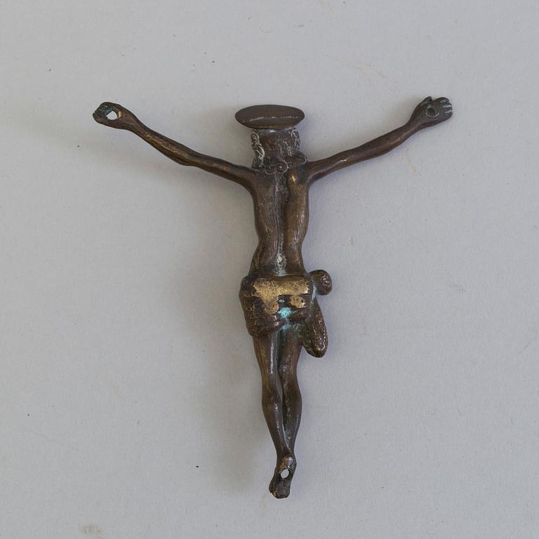 A BRONZE CRUCIFIX, probably 17th century or older.