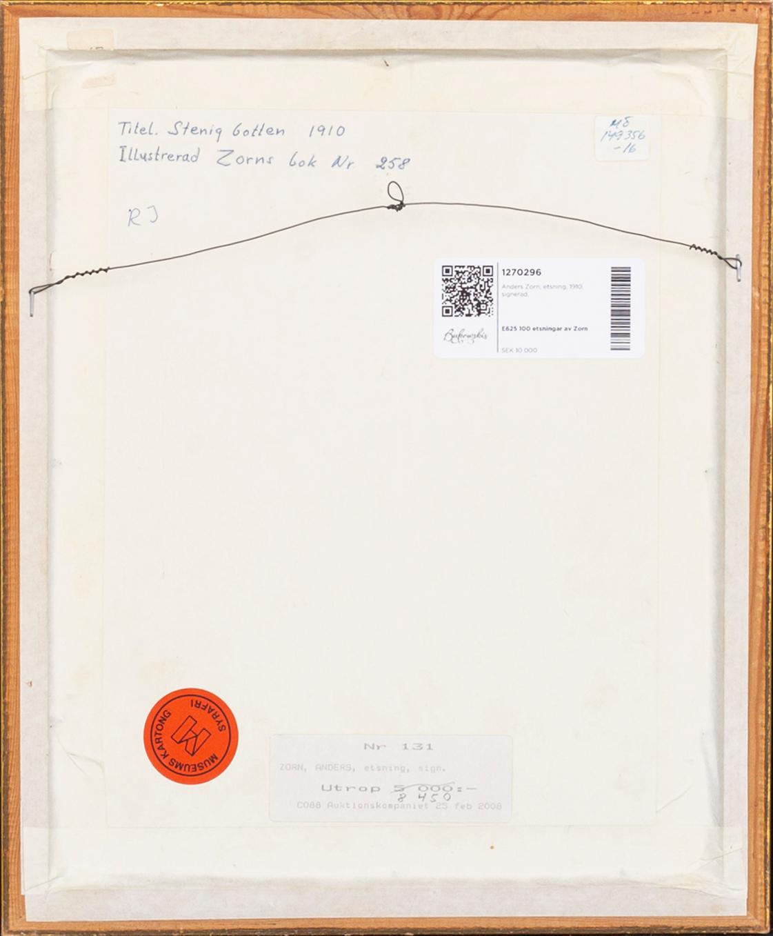 Anders Zorn, a signed etching from 1910.