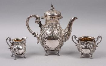 KAFFESERVIS, 3 delar, rokokostil, silver, 1952.