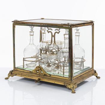 Liqueur set, glass and brass, first half of the 20th century.