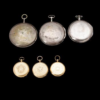 FICKUR, 6 st, varav 3 st 18k guld, 3 st silver. Bl a London och Norrköpring. 1700-1800-tal.