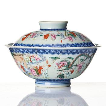 A famille rose 'boys at play' cup with cover, Qing dynasty, Qianlong mark.