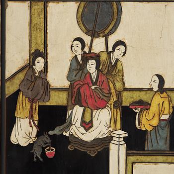 A Chinese four panel lacquer folding screen, first part of the 20th century.