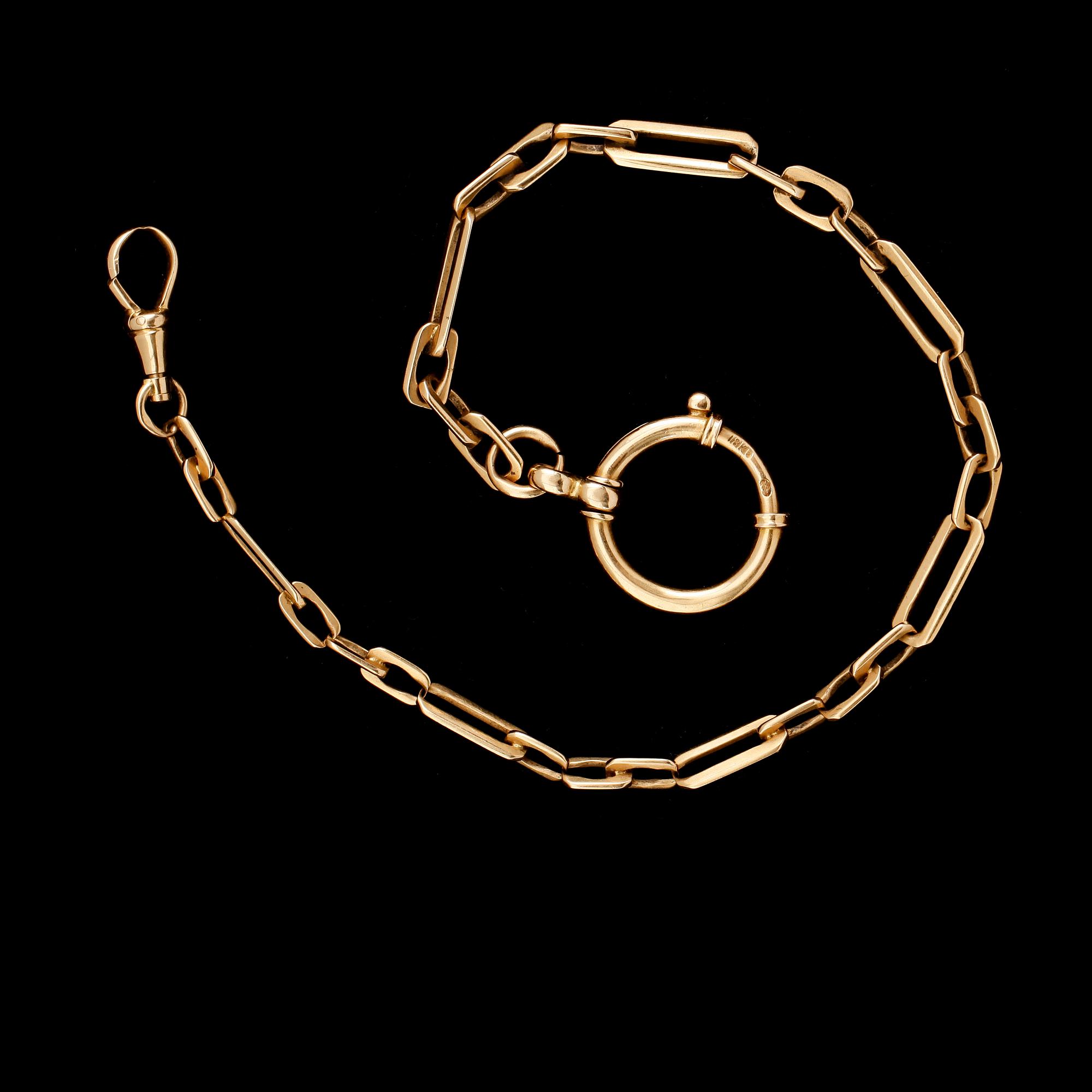 KLOCKKEDJA, 18 guld. Vikt ca 18 gram.